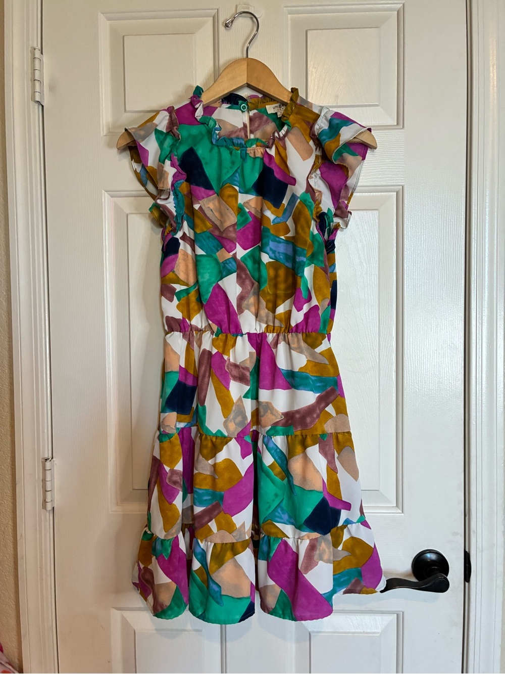 Umgee Girls Abstract Multicolor Ruffle Sleeve Dress - Green, Purple, Gold, White